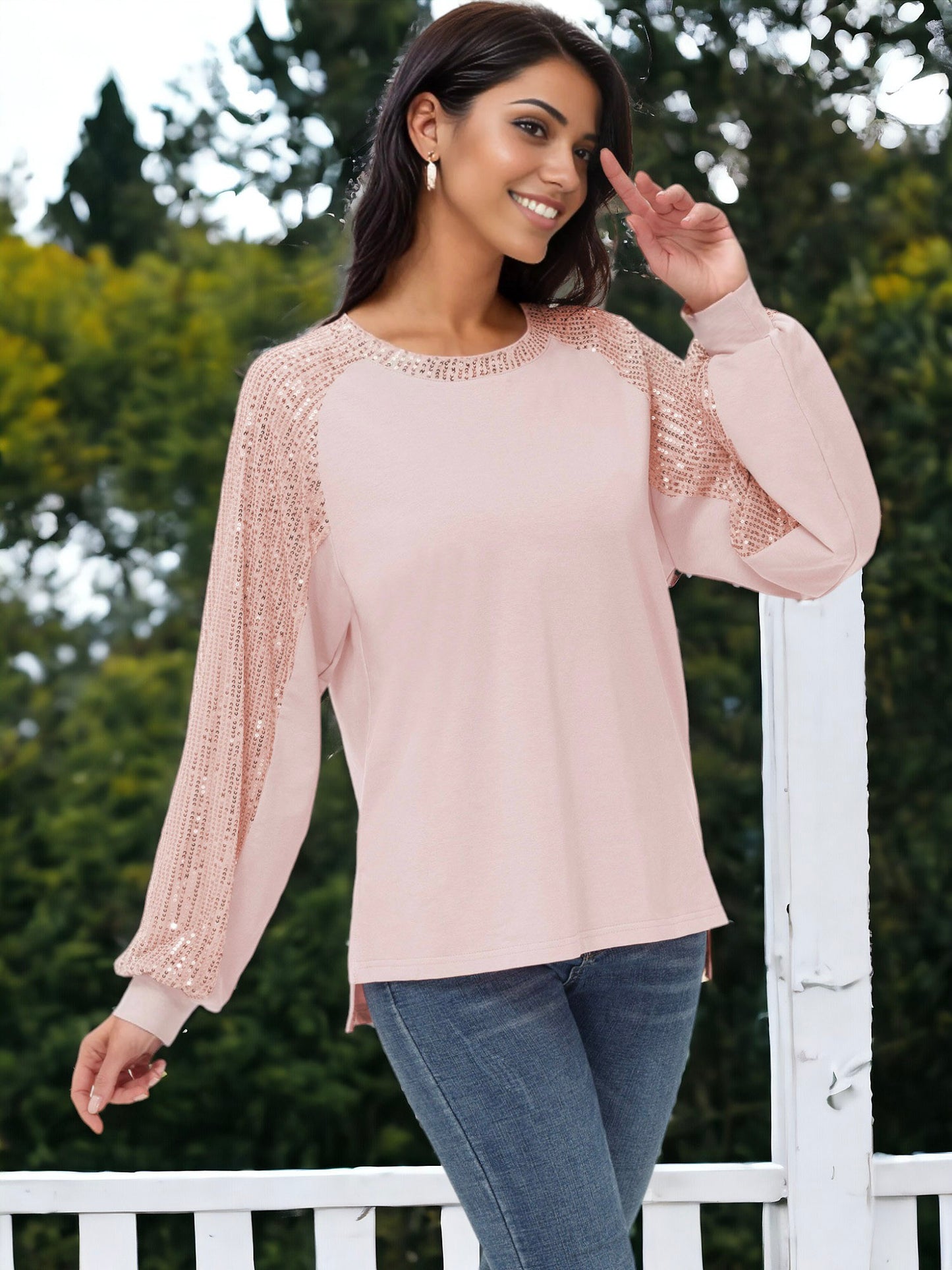 Blusa informal de manga larga con lentejuelas y globos para mujer de Anna-Kaci, holgada, con cuello redondo y a juego para fiestas