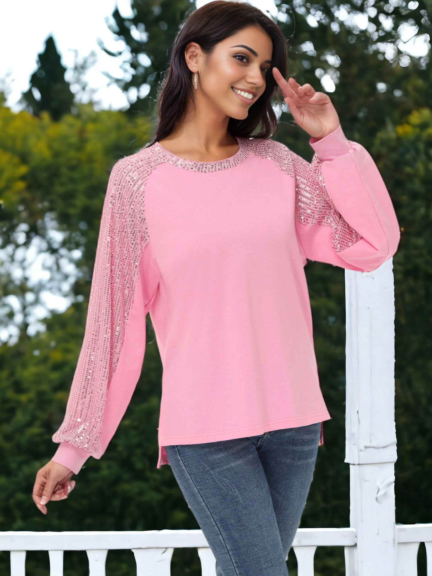 Blusa informal de manga larga con lentejuelas y globos para mujer de Anna-Kaci, holgada, con cuello redondo y a juego para fiestas