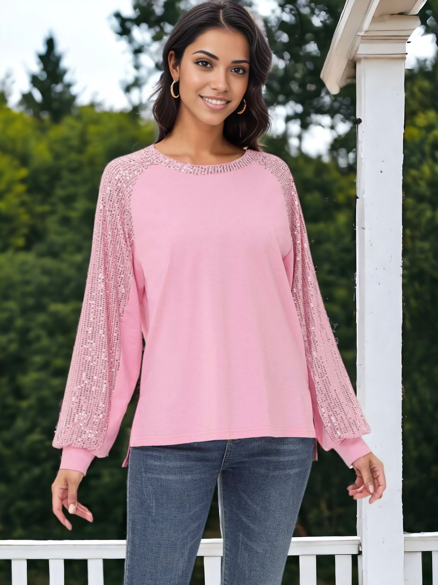 Blusa informal de manga larga con lentejuelas y globos para mujer de Anna-Kaci, holgada, con cuello redondo y a juego para fiestas