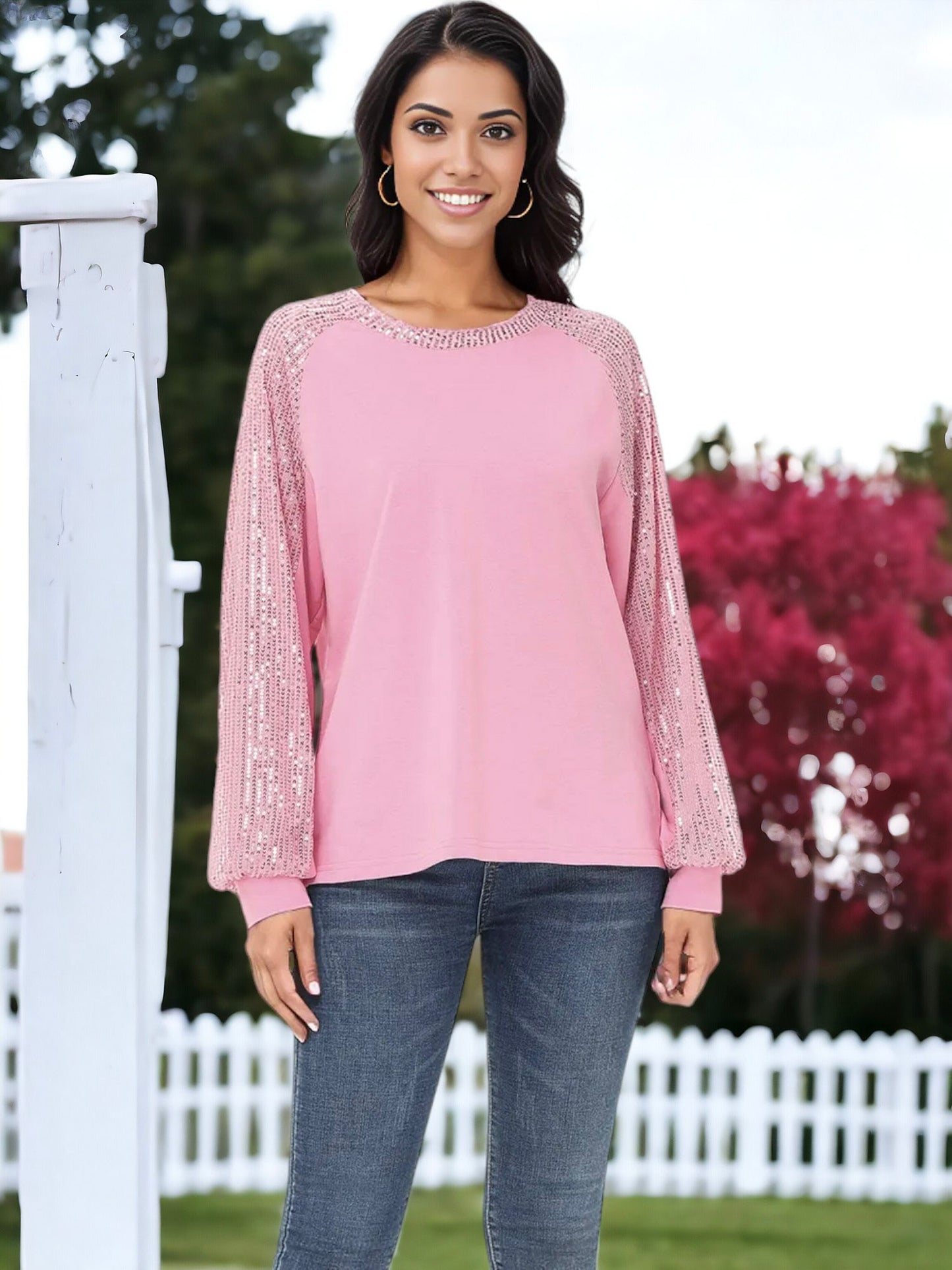 Blusa informal de manga larga con lentejuelas y globos para mujer de Anna-Kaci, holgada, con cuello redondo y a juego para fiestas