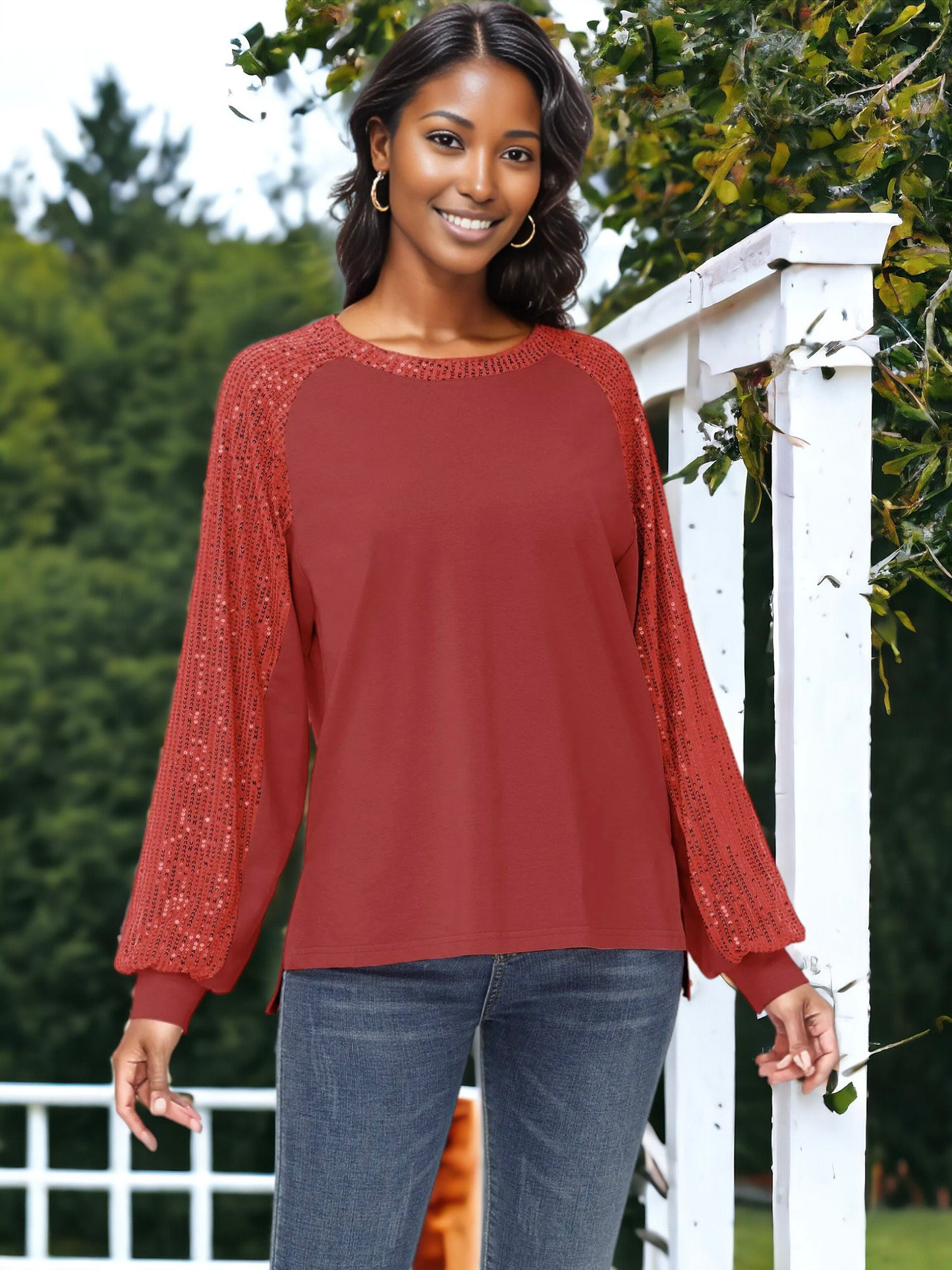 Blusa informal de manga larga con lentejuelas y globos para mujer de Anna-Kaci, holgada, con cuello redondo y a juego para fiestas