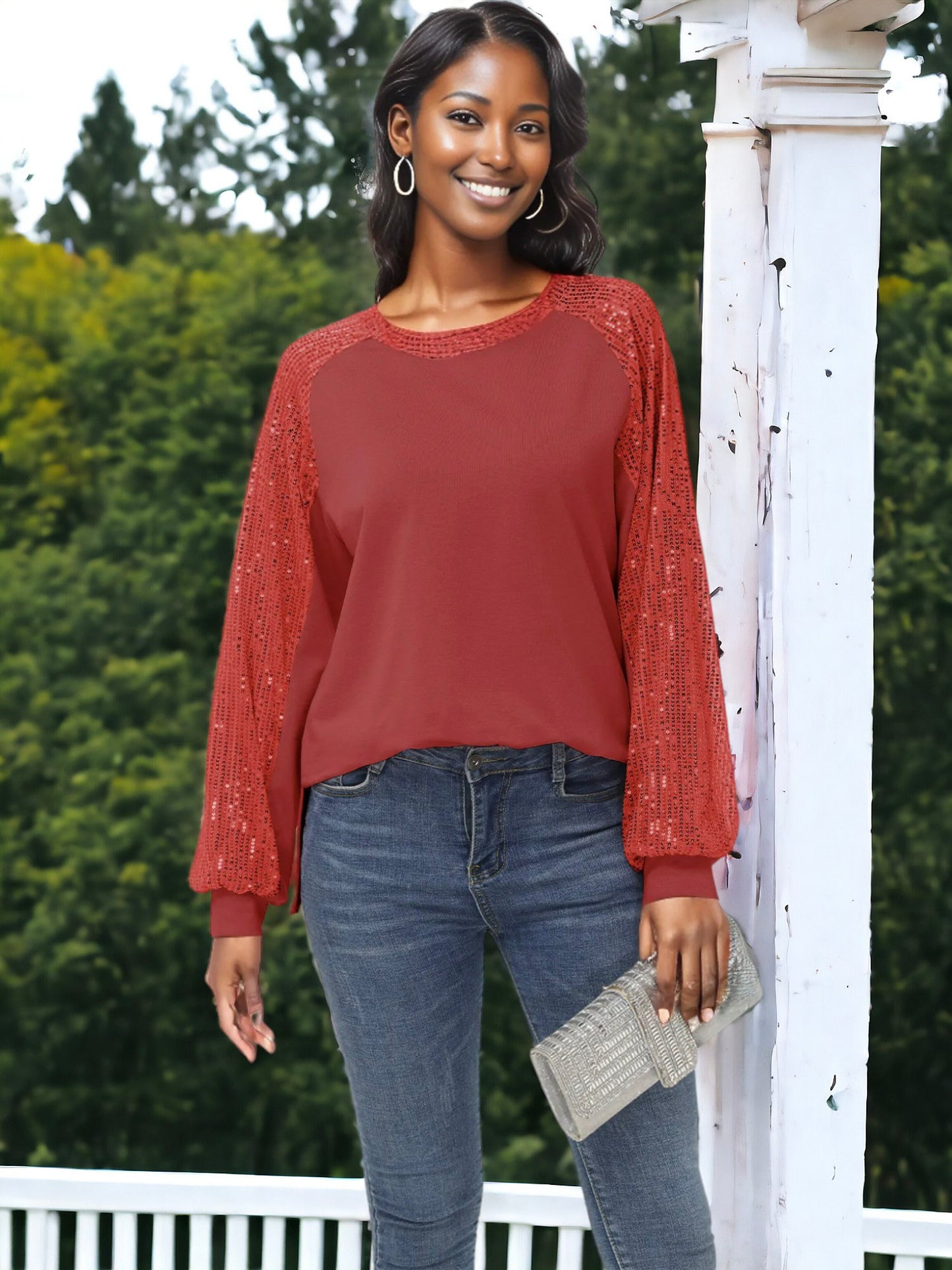 Blusa informal de manga larga con lentejuelas y globos para mujer de Anna-Kaci, holgada, con cuello redondo y a juego para fiestas