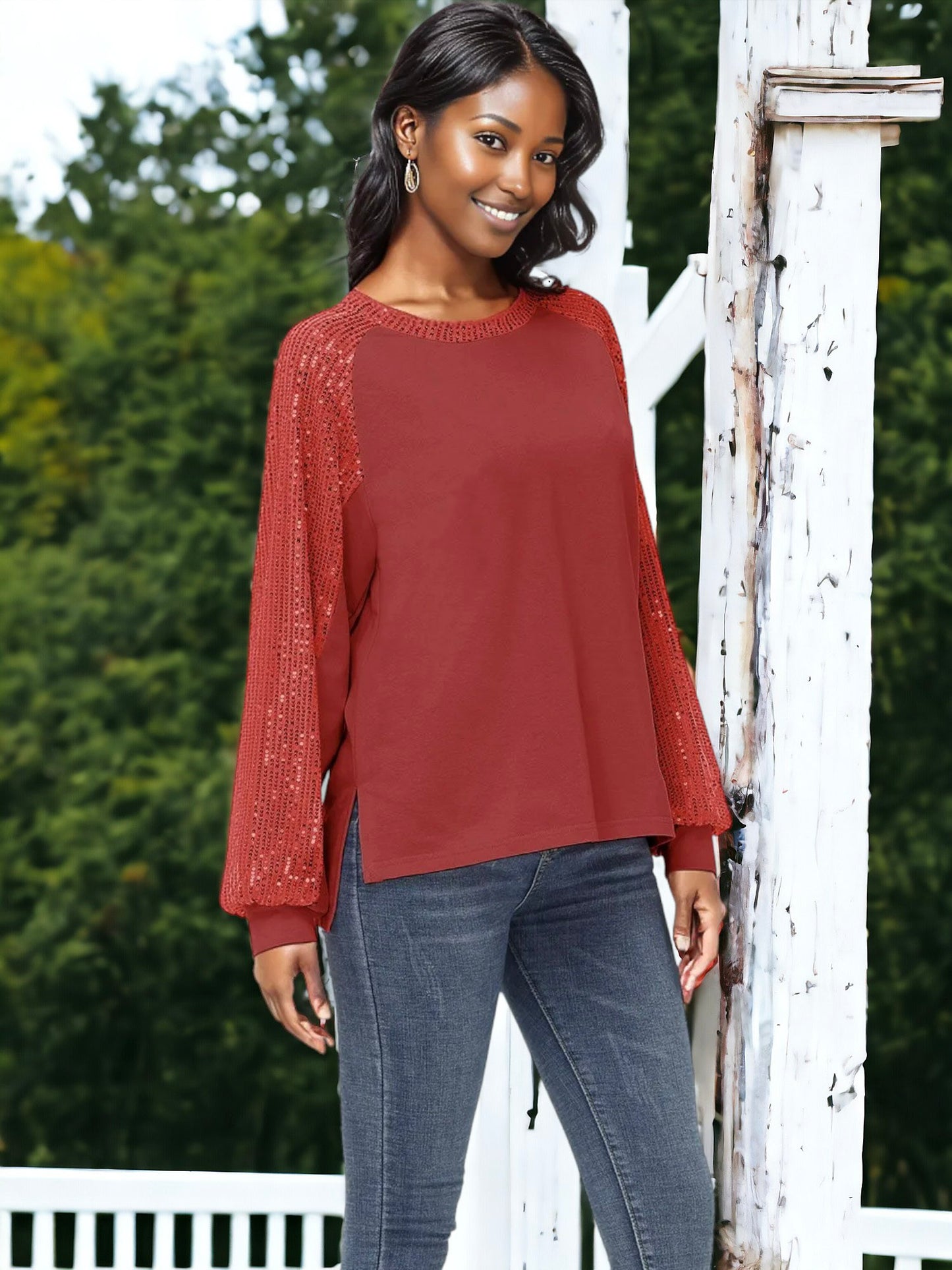 Blusa informal de manga larga con lentejuelas y globos para mujer de Anna-Kaci, holgada, con cuello redondo y a juego para fiestas