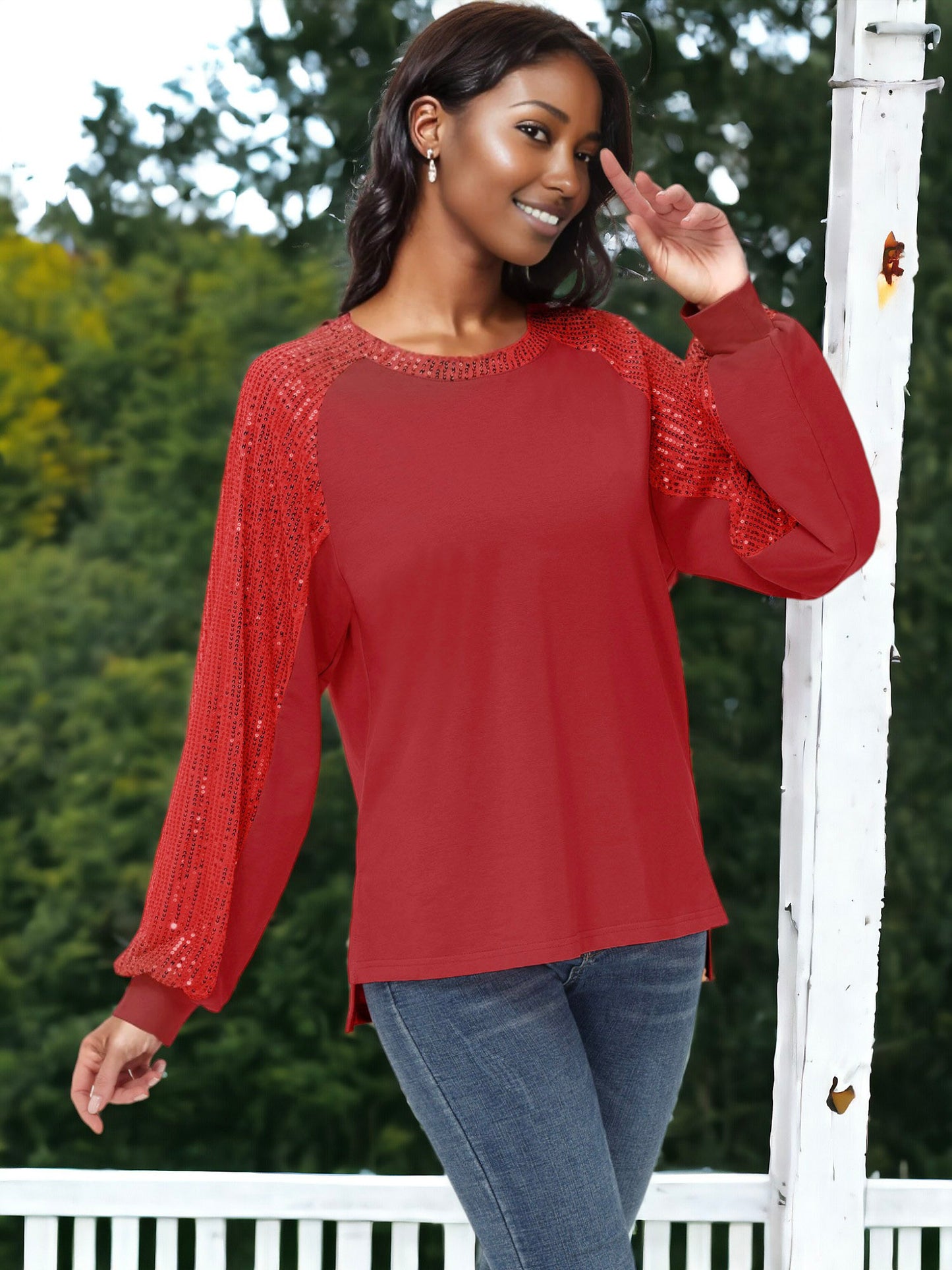 Blusa informal de manga larga con lentejuelas y globos para mujer de Anna-Kaci, holgada, con cuello redondo y a juego para fiestas