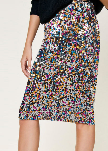 Falda midi de cóctel con lentejuelas brillantes 