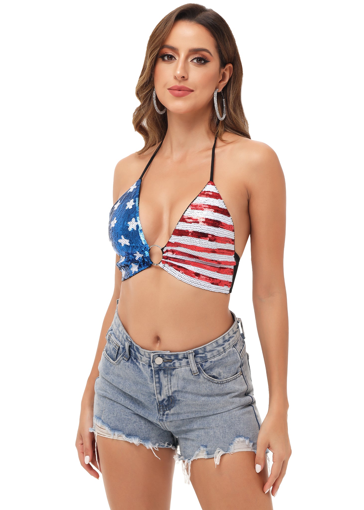 Camisa con lentejuelas y bandera estadounidense de Anna-Kaci para mujer, camisa patriótica del 4 de julio, camisetas con estrellas y rayas