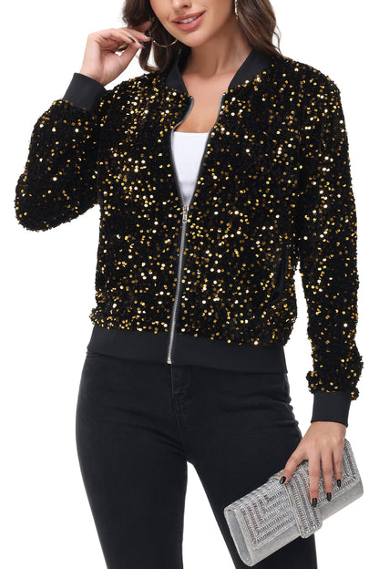 Anna-Kaci Womens Sparkly Sequin Jacket Zipper Long Sleeve Glitter Sequin Bomber Jacket with Pockets