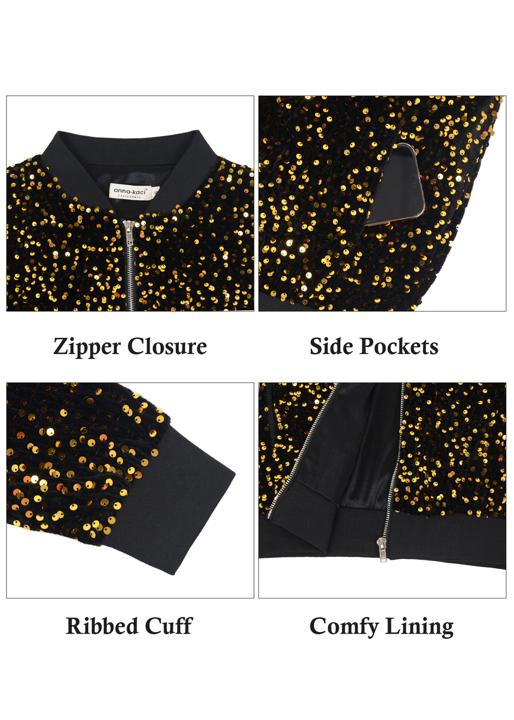 Chaqueta de mujer Anna-Kaci con lentejuelas brillantes, cremallera, manga larga, chaqueta bomber con lentejuelas brillantes y bolsillos