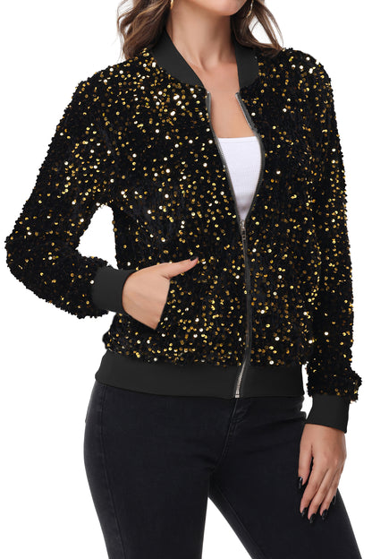 Anna-Kaci Womens Sparkly Sequin Jacket Zipper Long Sleeve Glitter Sequin Bomber Jacket with Pockets