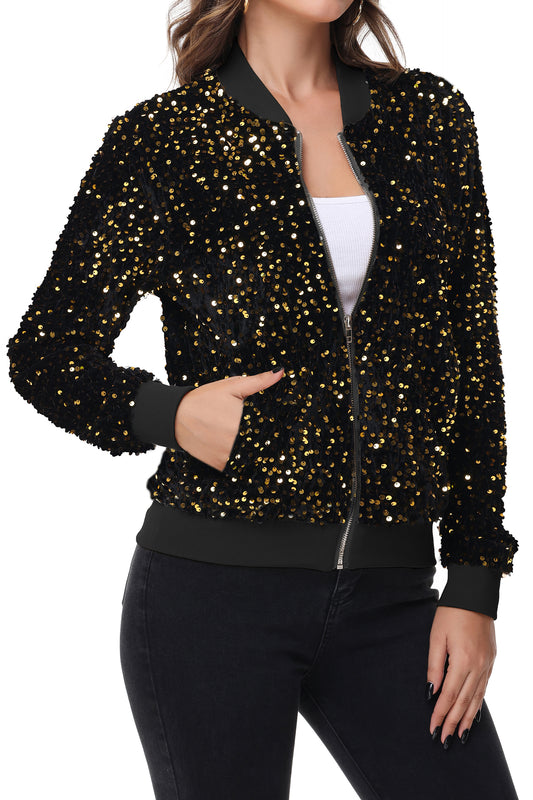 Chaqueta de mujer Anna-Kaci con lentejuelas brillantes, cremallera, manga larga, chaqueta bomber con lentejuelas brillantes y bolsillos