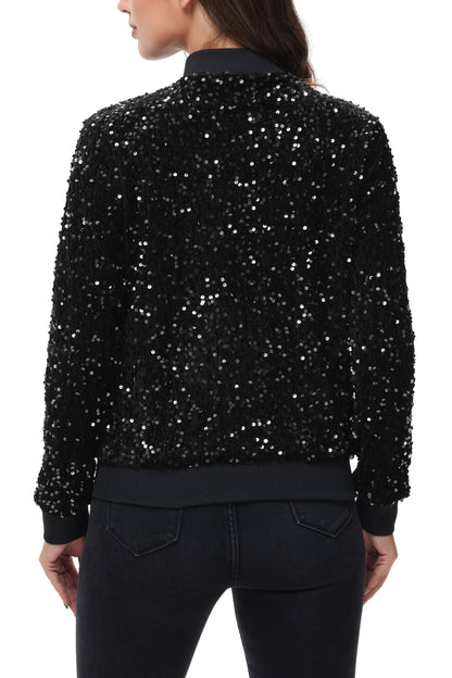 Anna-Kaci Womens Sparkly Sequin Jacket Zipper Long Sleeve Glitter Sequin Bomber Jacket with Pockets