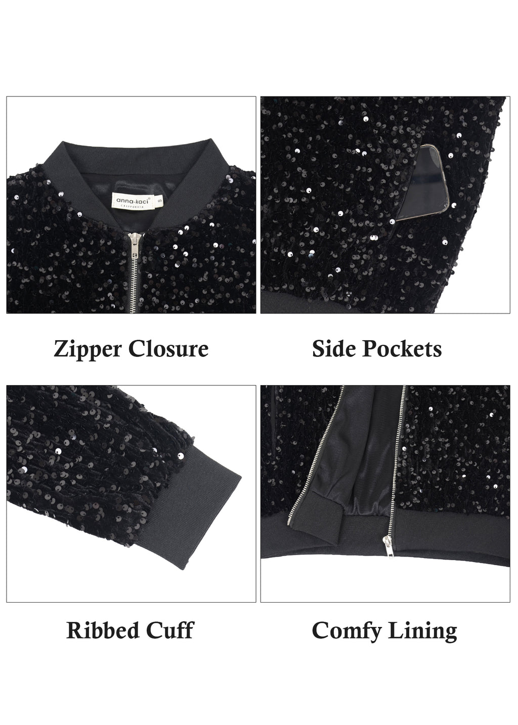 Chaqueta de mujer Anna-Kaci con lentejuelas brillantes, cremallera, manga larga, chaqueta bomber con lentejuelas brillantes y bolsillos