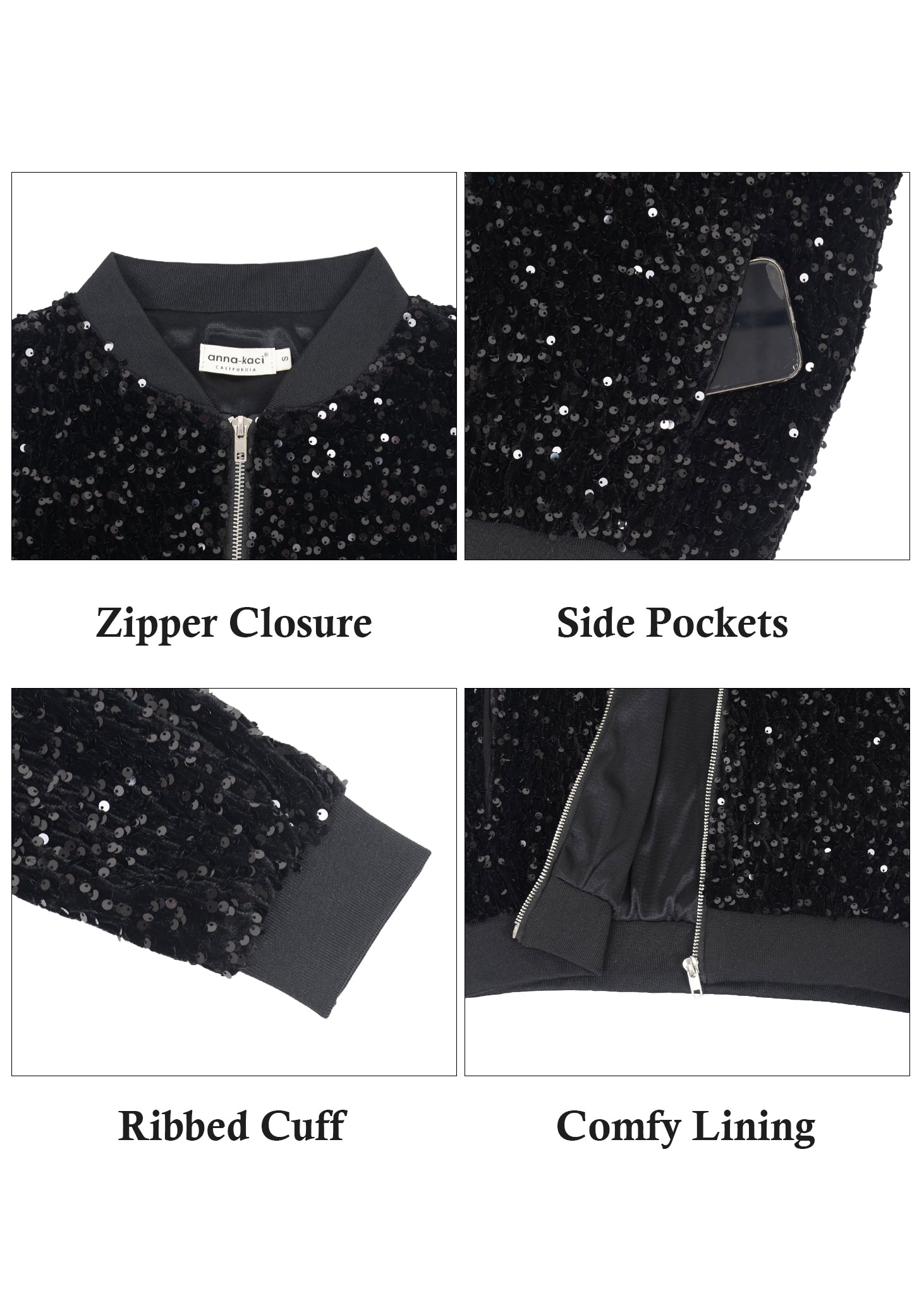 Chaqueta de mujer Anna-Kaci con lentejuelas brillantes, cremallera, manga larga, chaqueta bomber con lentejuelas brillantes y bolsillos