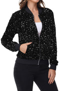 Anna-Kaci Womens Sparkly Sequin Jacket Zipper Long Sleeve Glitter Sequin Bomber Jacket with Pockets
