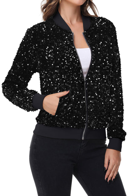 Anna-Kaci Womens Sparkly Sequin Jacket Zipper Long Sleeve Glitter Sequin Bomber Jacket with Pockets