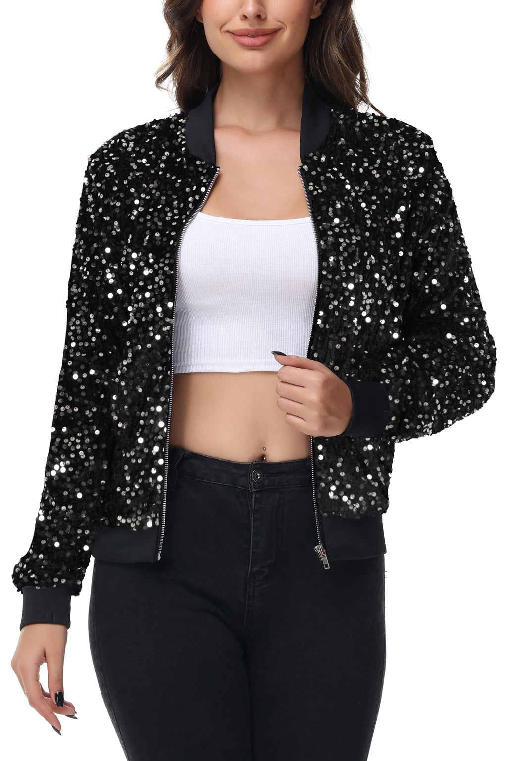 Chaqueta de mujer Anna-Kaci con lentejuelas brillantes, cremallera, manga larga, chaqueta bomber con lentejuelas brillantes y bolsillos