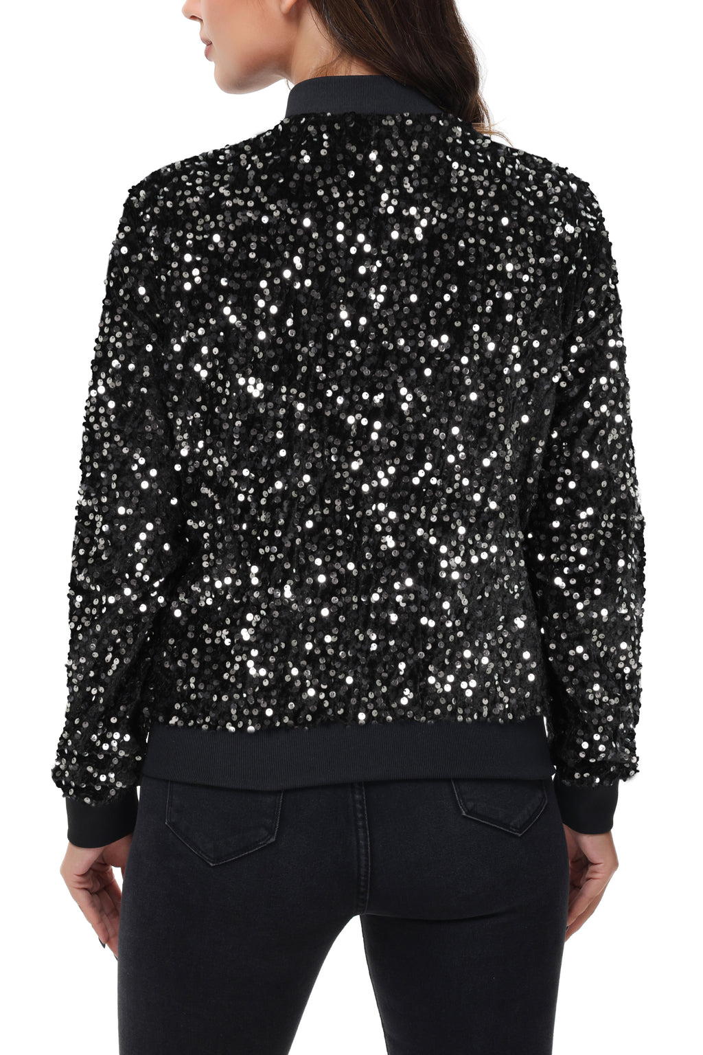 Chaqueta de mujer Anna-Kaci con lentejuelas brillantes, cremallera, manga larga, chaqueta bomber con lentejuelas brillantes y bolsillos