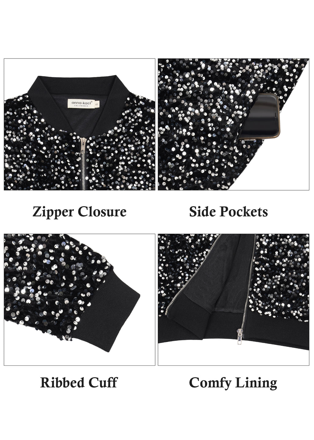 Chaqueta de mujer Anna-Kaci con lentejuelas brillantes, cremallera, manga larga, chaqueta bomber con lentejuelas brillantes y bolsillos
