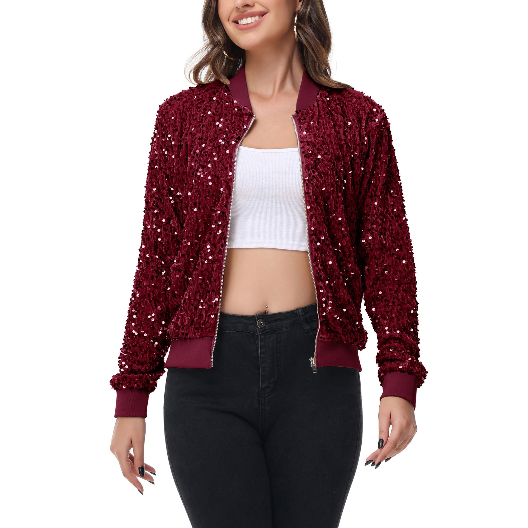 Anna-Kaci Women's Sequin Bomber Jacket Zip Front Ribbed Cuffs and Hem Pockets