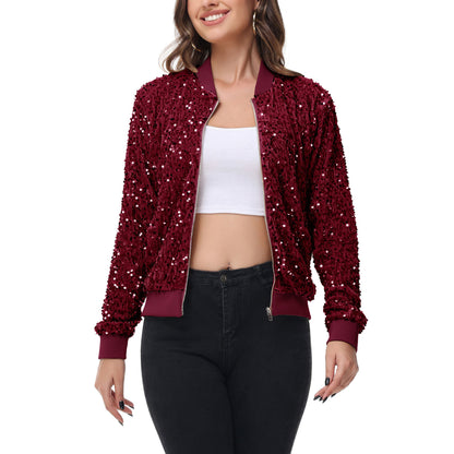 Anna-Kaci Women's Sequin Bomber Jacket Zip Front Ribbed Cuffs and Hem Pockets