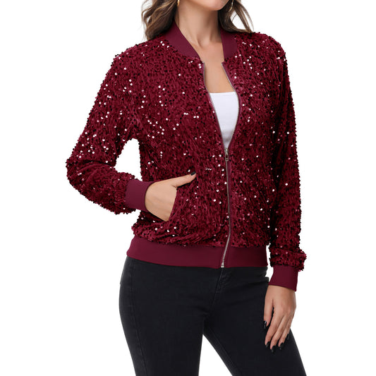 Anna-Kaci Women's Sequin Bomber Jacket Zip Front Ribbed Cuffs and Hem Pockets