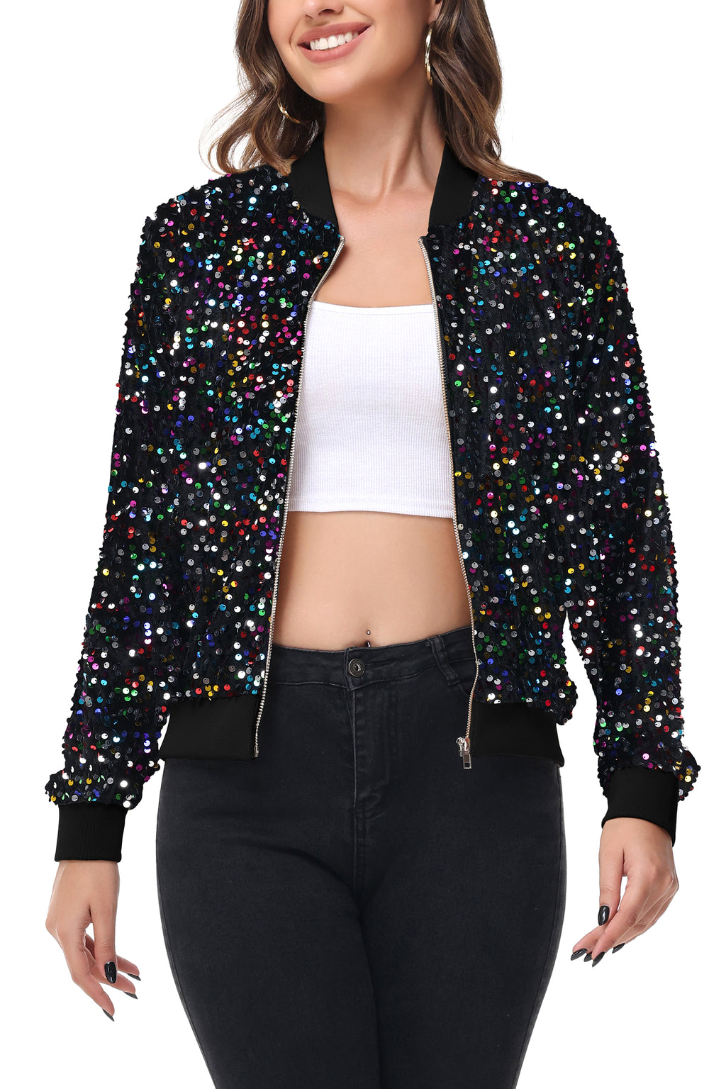 Chaqueta de mujer Anna-Kaci con lentejuelas brillantes, cremallera, manga larga, chaqueta bomber con lentejuelas brillantes y bolsillos