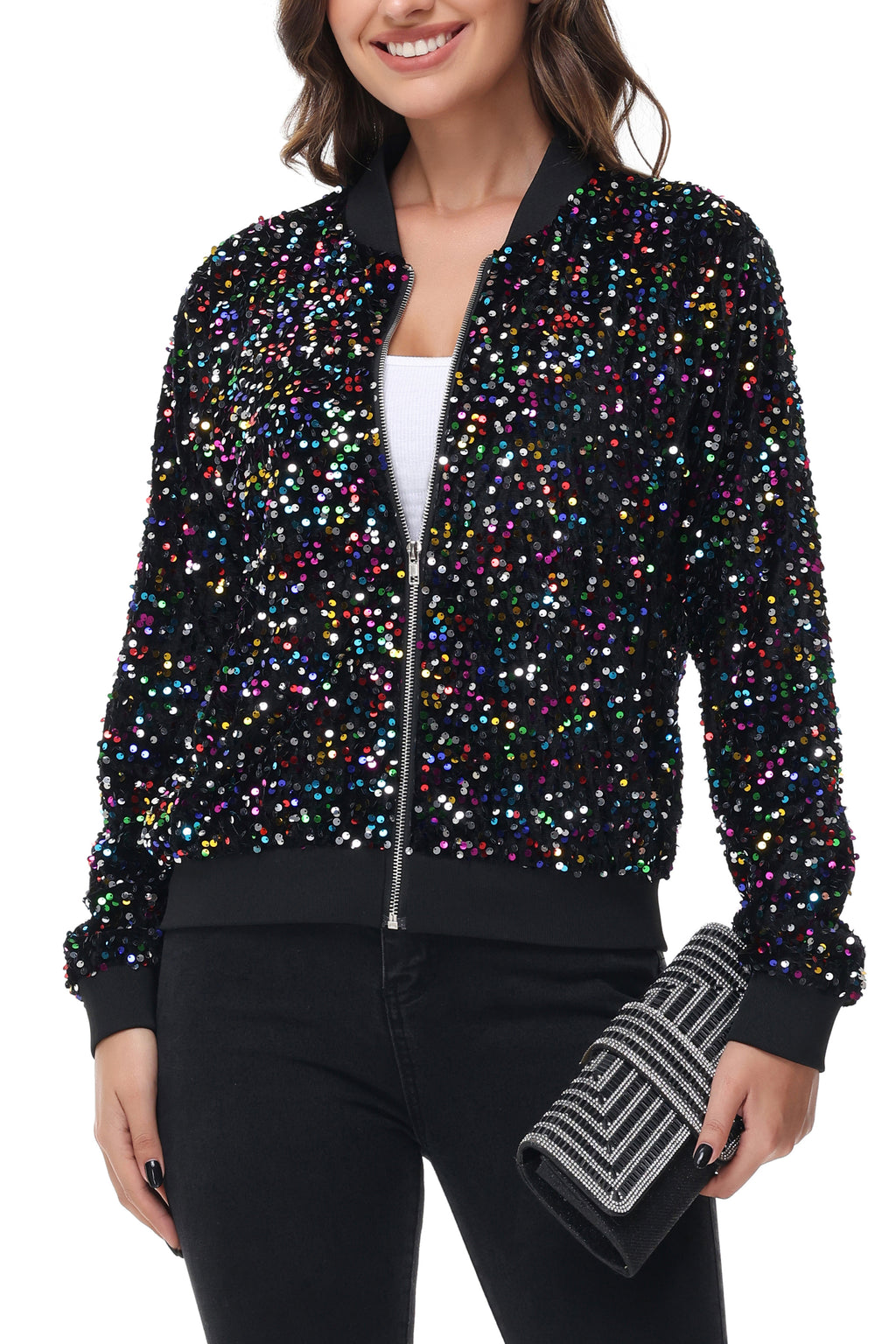 Chaqueta de mujer Anna-Kaci con lentejuelas brillantes, cremallera, manga larga, chaqueta bomber con lentejuelas brillantes y bolsillos