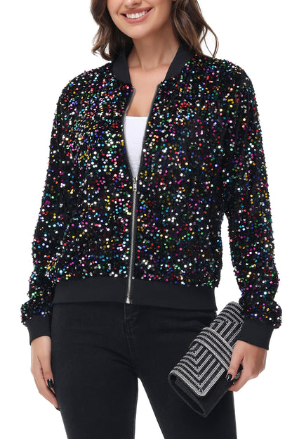 Anna-Kaci Womens Sparkly Sequin Jacket Zipper Long Sleeve Glitter Sequin Bomber Jacket with Pockets