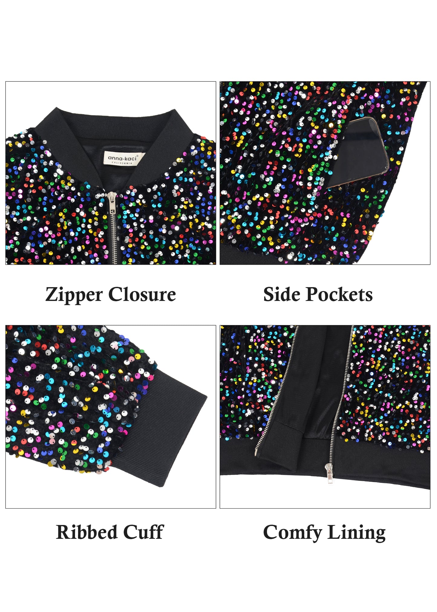 Anna-Kaci Womens Sparkly Sequin Jacket Zipper Long Sleeve Glitter Sequin Bomber Jacket with Pockets