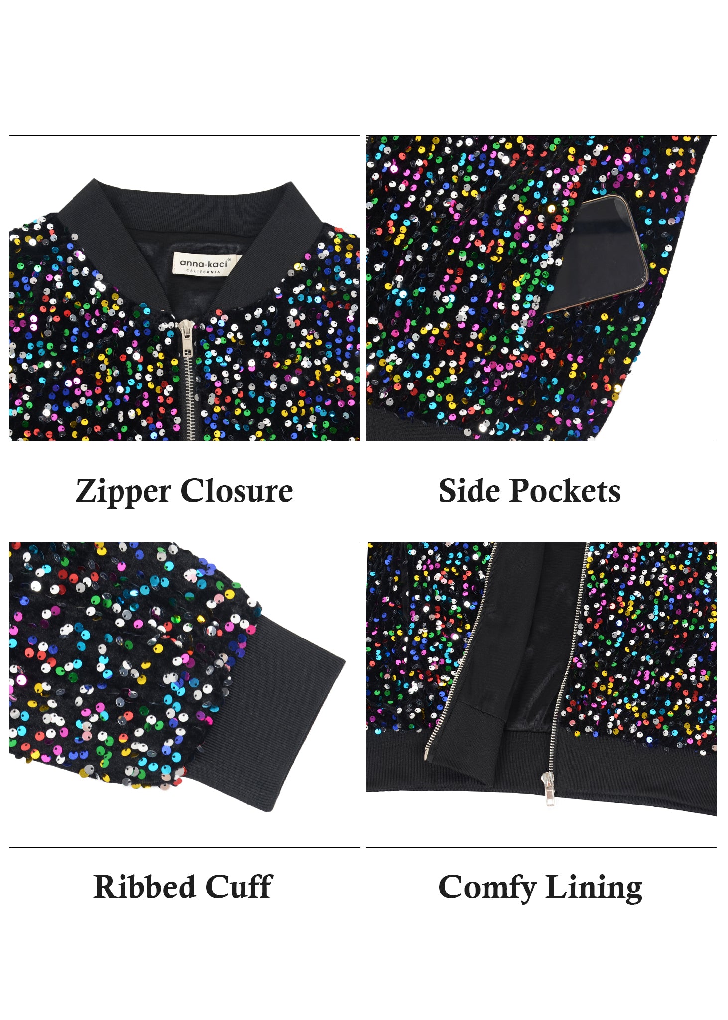 Chaqueta de mujer Anna-Kaci con lentejuelas brillantes, cremallera, manga larga, chaqueta bomber con lentejuelas brillantes y bolsillos