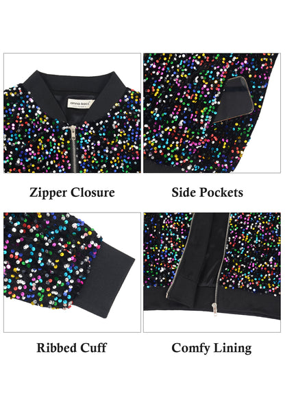 Anna-Kaci Womens Sparkly Sequin Jacket Zipper Long Sleeve Glitter Sequin Bomber Jacket with Pockets