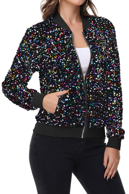 Anna-Kaci Womens Sparkly Sequin Jacket Zipper Long Sleeve Glitter Sequin Bomber Jacket with Pockets