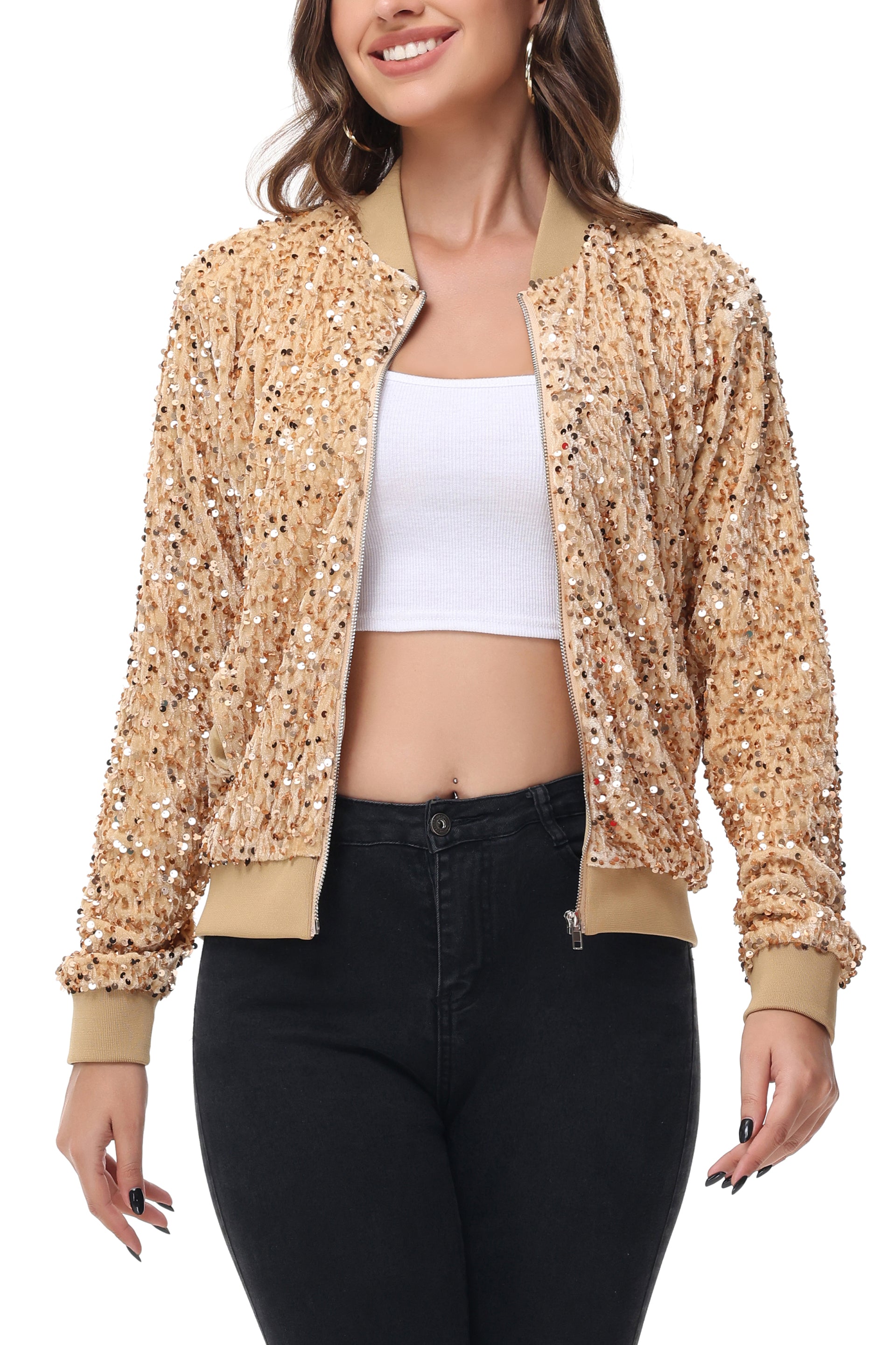 Chaqueta de mujer Anna-Kaci con lentejuelas brillantes, cremallera, manga larga, chaqueta bomber con lentejuelas brillantes y bolsillos