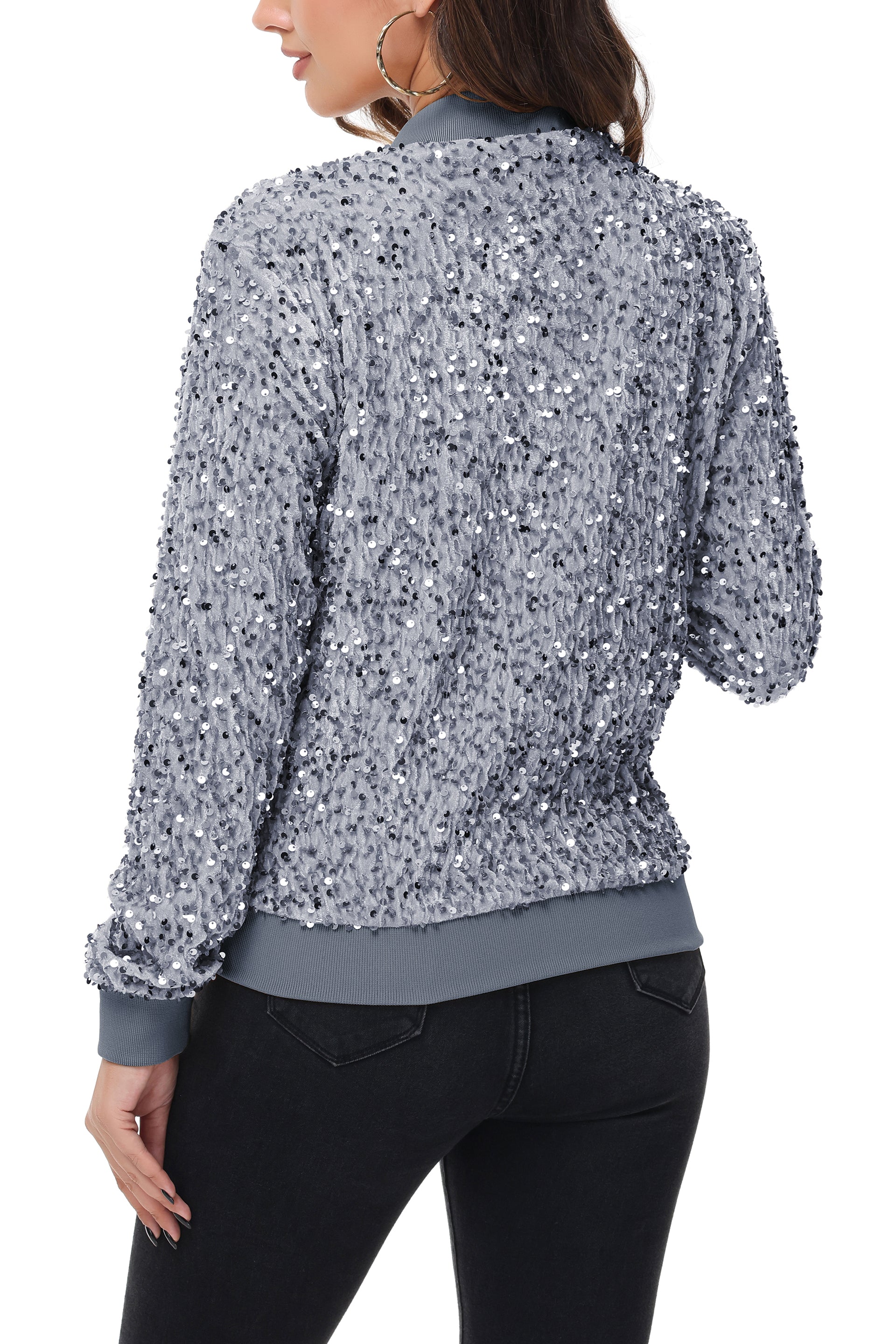 Chaqueta de mujer Anna-Kaci con lentejuelas brillantes, cremallera, manga larga, chaqueta bomber con lentejuelas brillantes y bolsillos