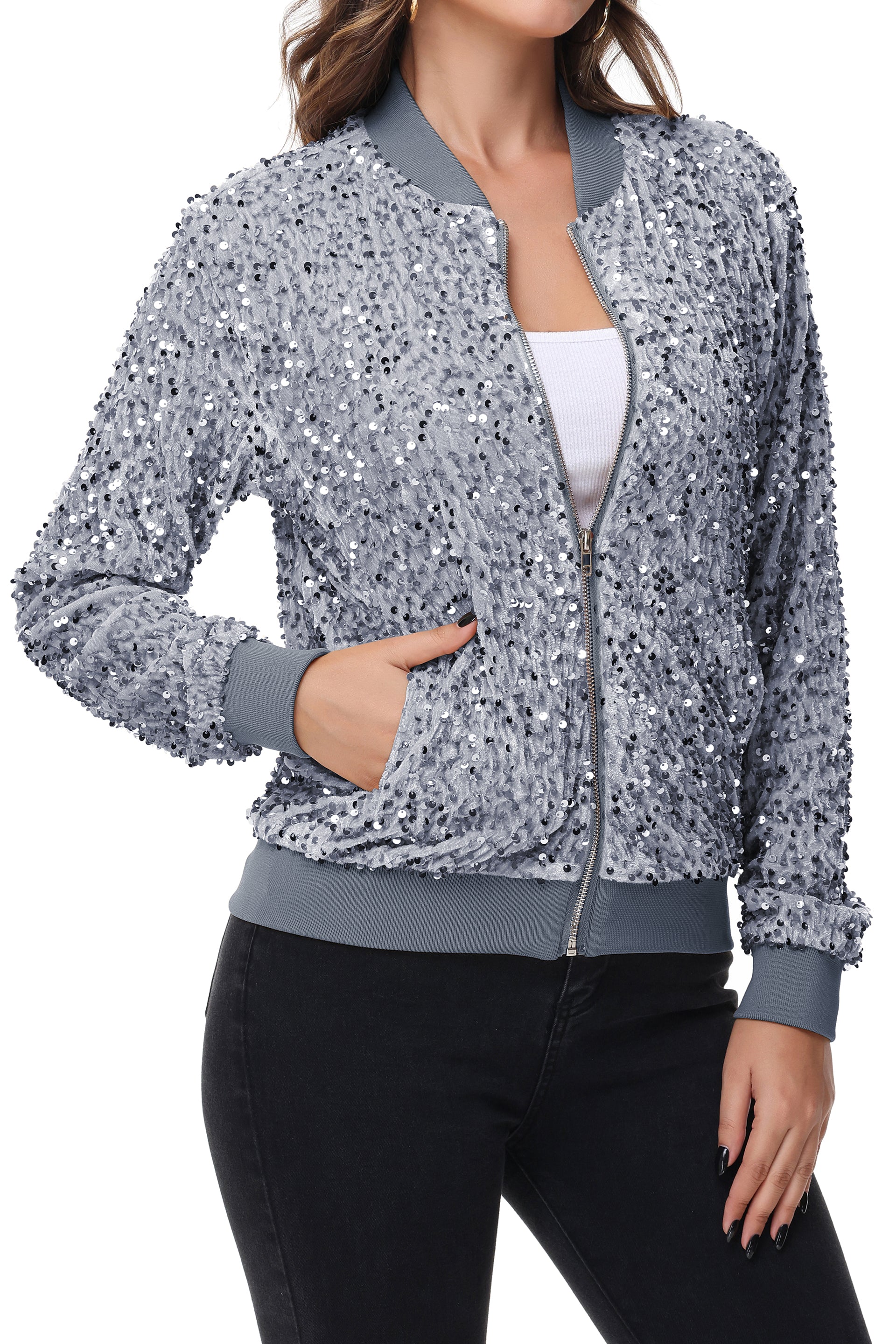 Chaqueta de mujer Anna-Kaci con lentejuelas brillantes, cremallera, manga larga, chaqueta bomber con lentejuelas brillantes y bolsillos