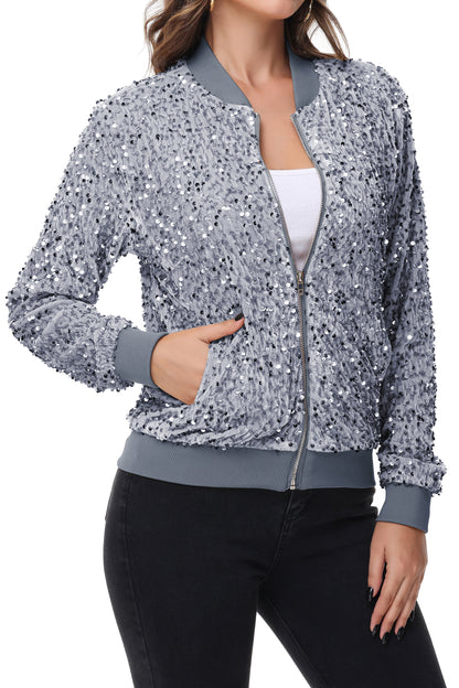Anna-Kaci Womens Sparkly Sequin Jacket Zipper Long Sleeve Glitter Sequin Bomber Jacket with Pockets