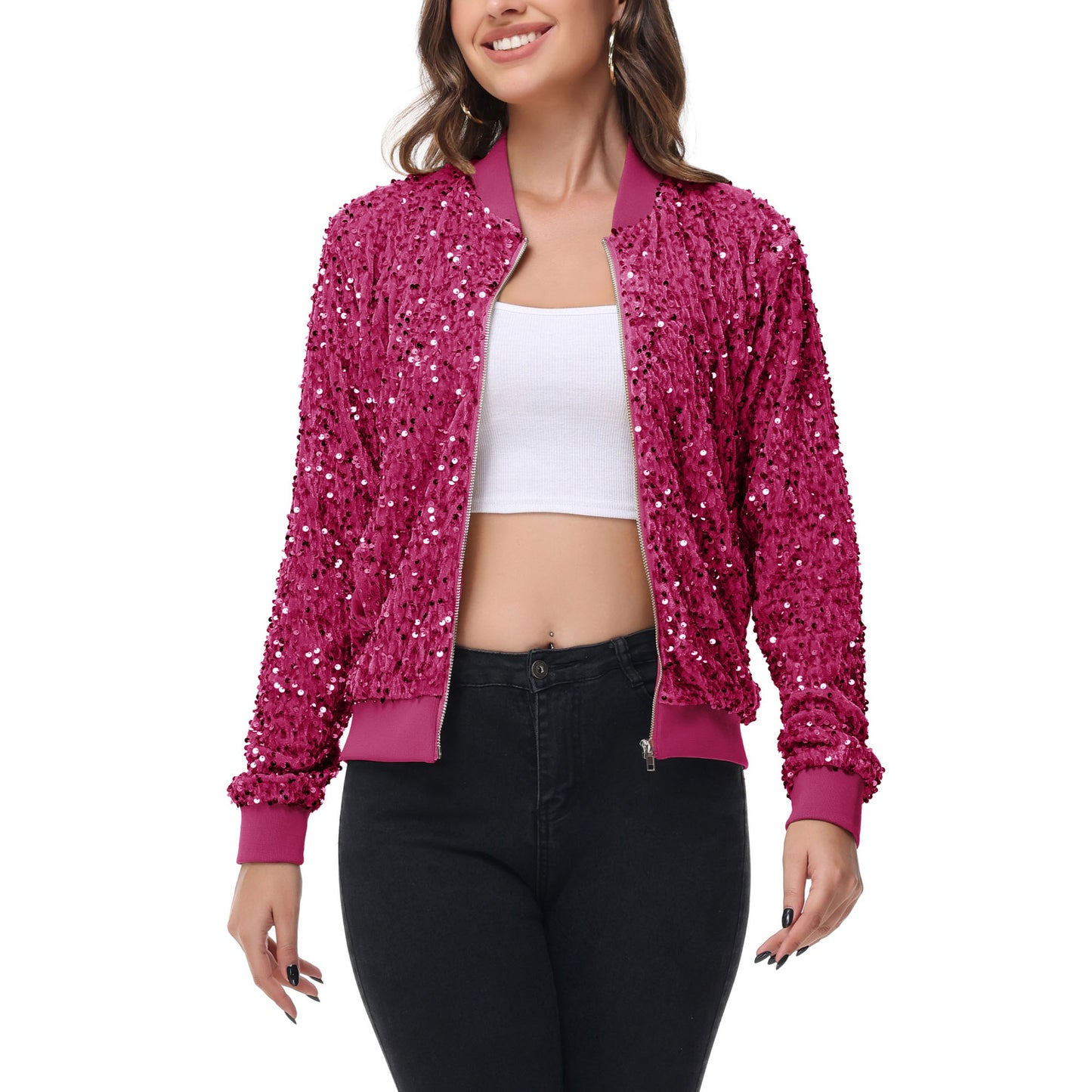Anna-Kaci Women's Sequin Bomber Jacket Zip Front Ribbed Cuffs and Hem Pockets