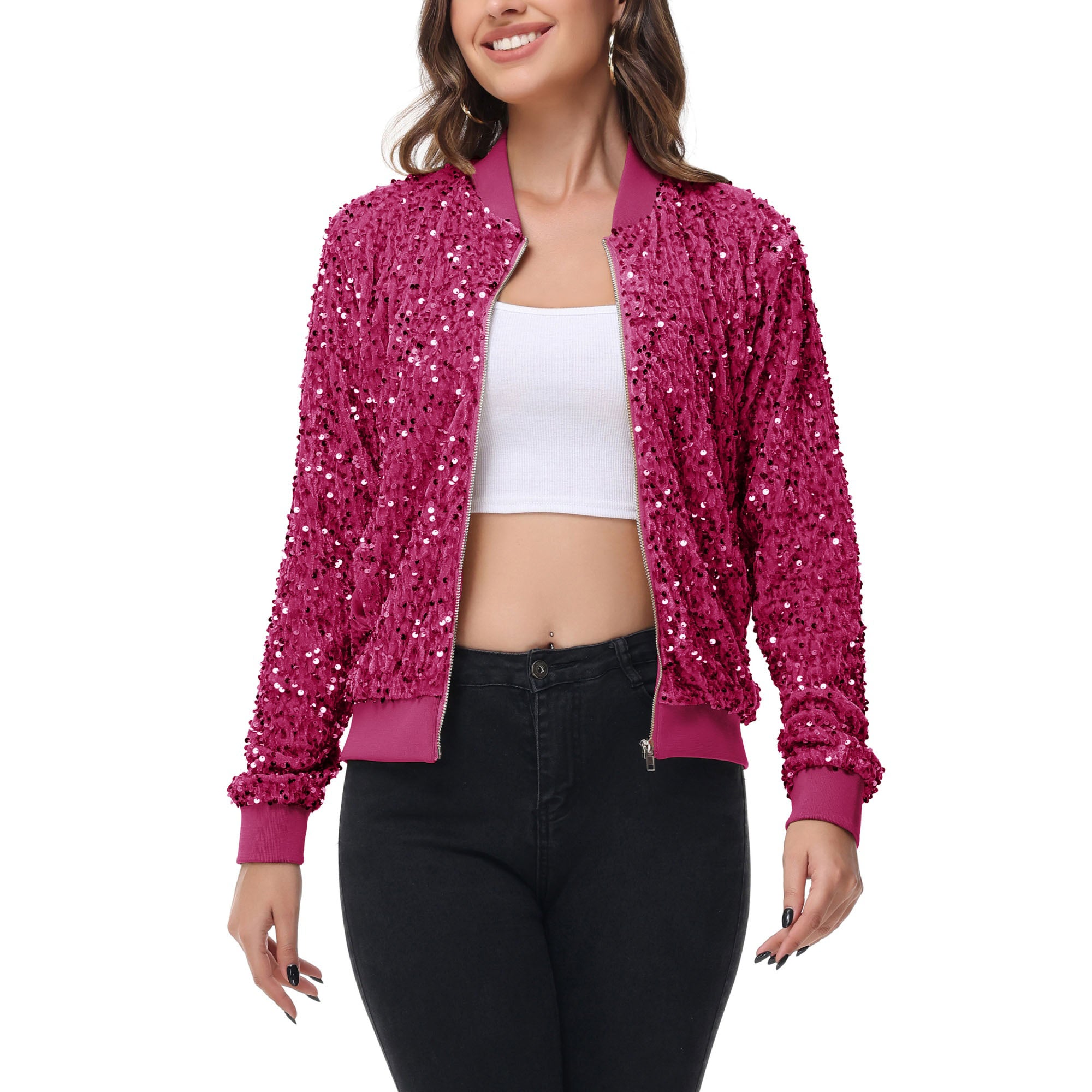 Anna-Kaci Women's Sequin Bomber Jacket Zip Front Ribbed Cuffs and Hem Pockets