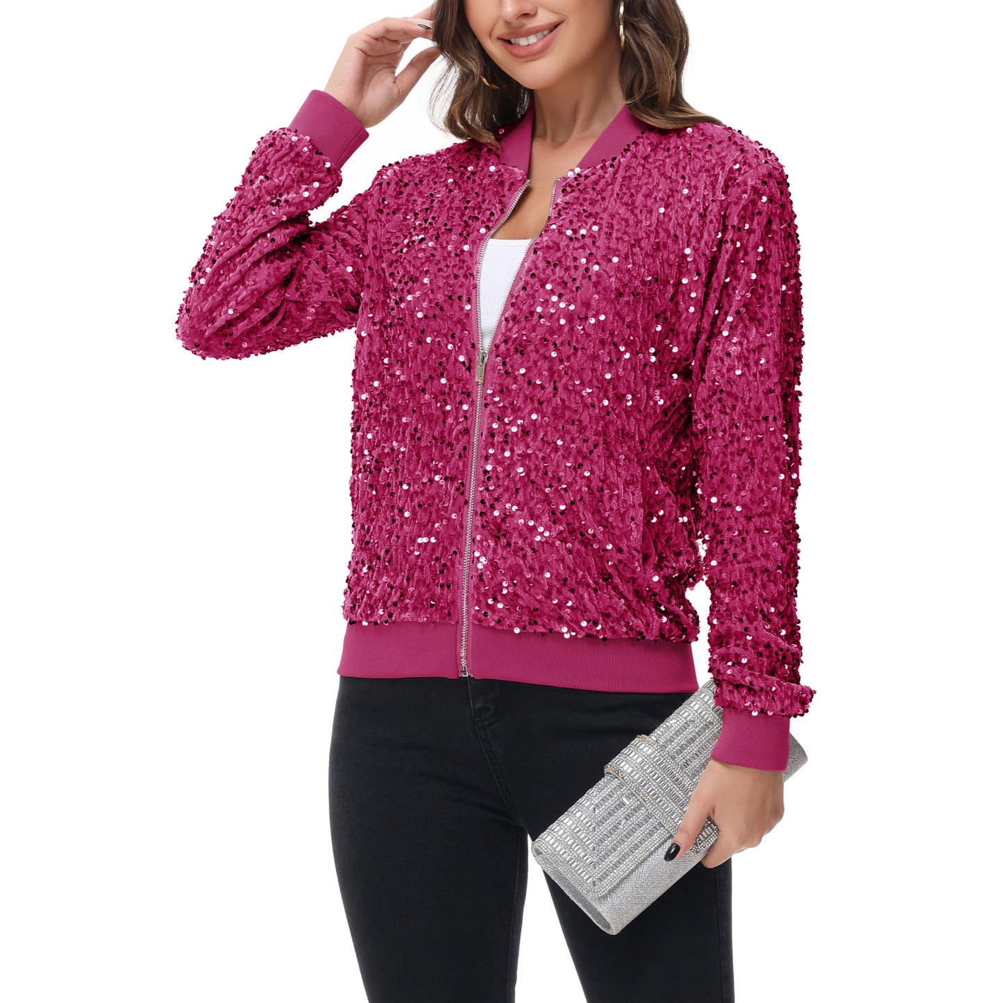 Anna-Kaci Women's Sequin Bomber Jacket Zip Front Ribbed Cuffs and Hem Pockets
