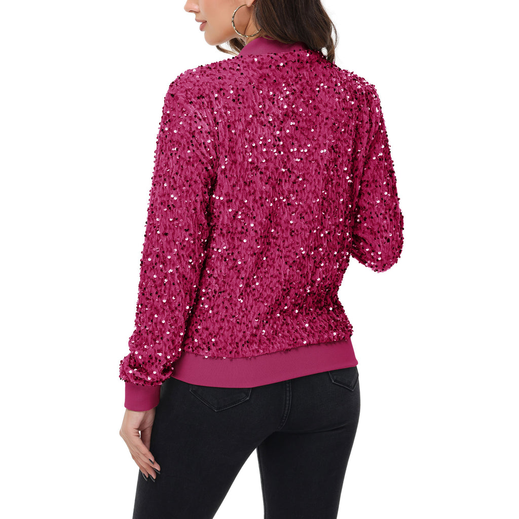 Anna-Kaci Women's Sequin Bomber Jacket Zip Front Ribbed Cuffs and Hem Pockets
