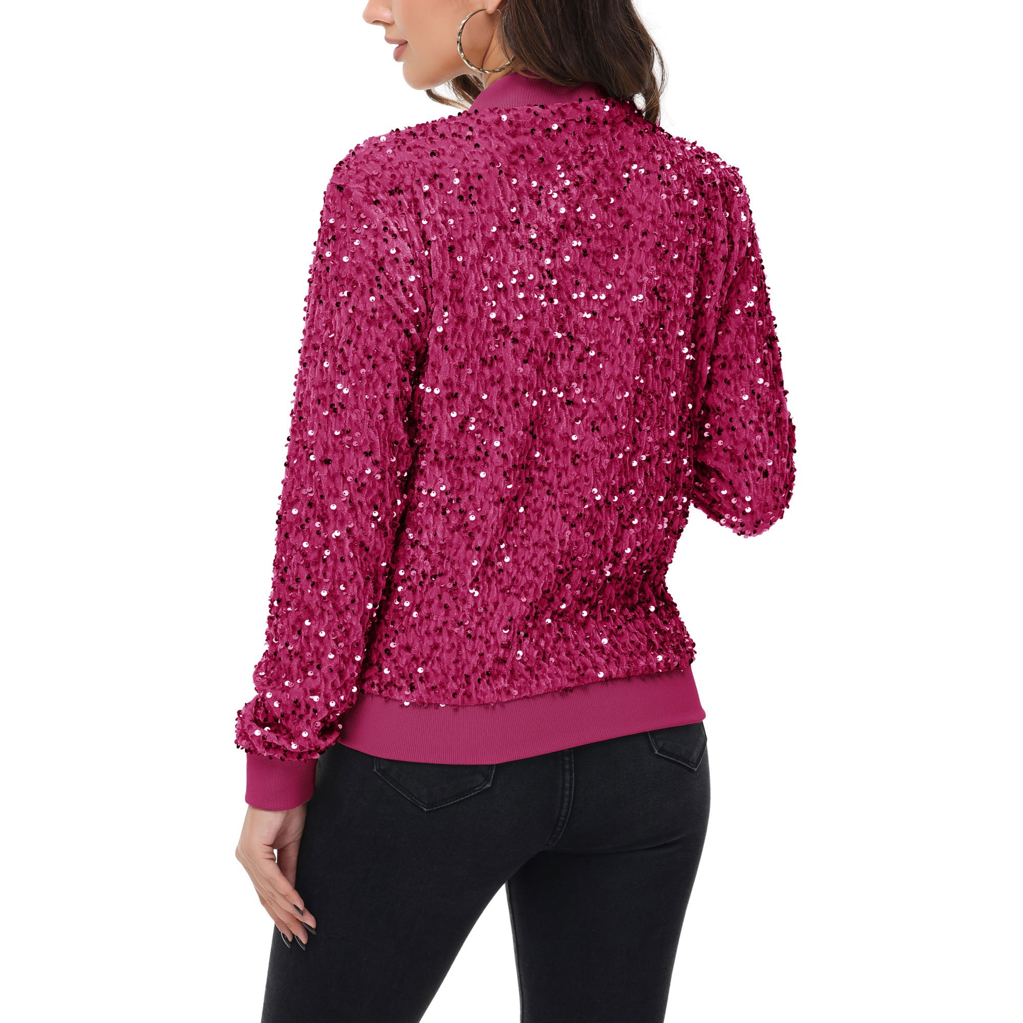 Anna-Kaci Women's Sequin Bomber Jacket Zip Front Ribbed Cuffs and Hem Pockets