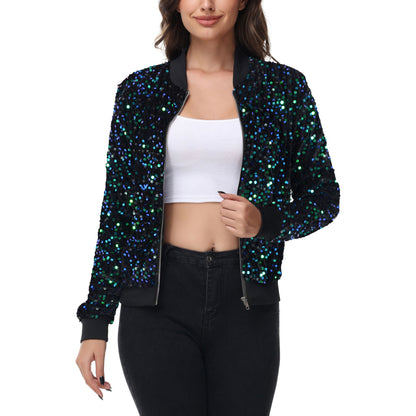 Anna-Kaci Women's Sequin Bomber Jacket Zip Front Ribbed Cuffs and Hem Pockets