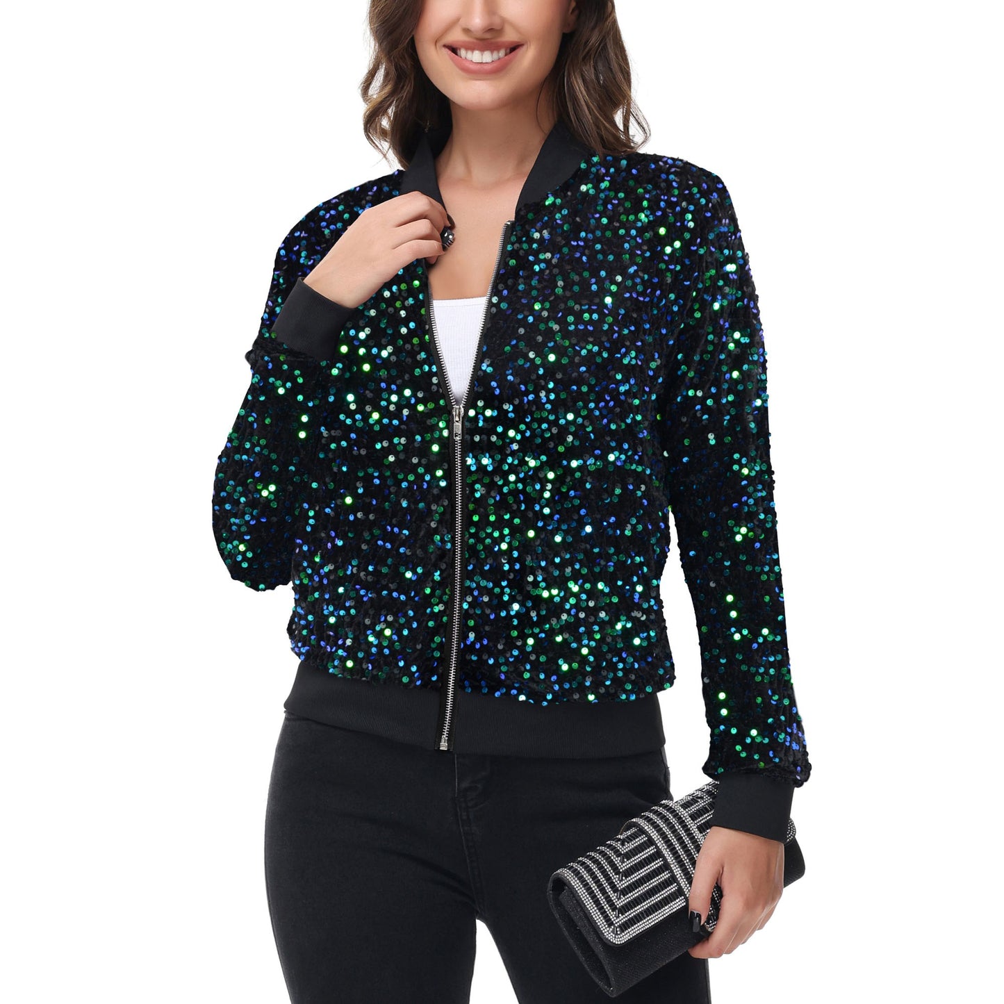 Anna-Kaci Women's Sequin Bomber Jacket Zip Front Ribbed Cuffs and Hem Pockets