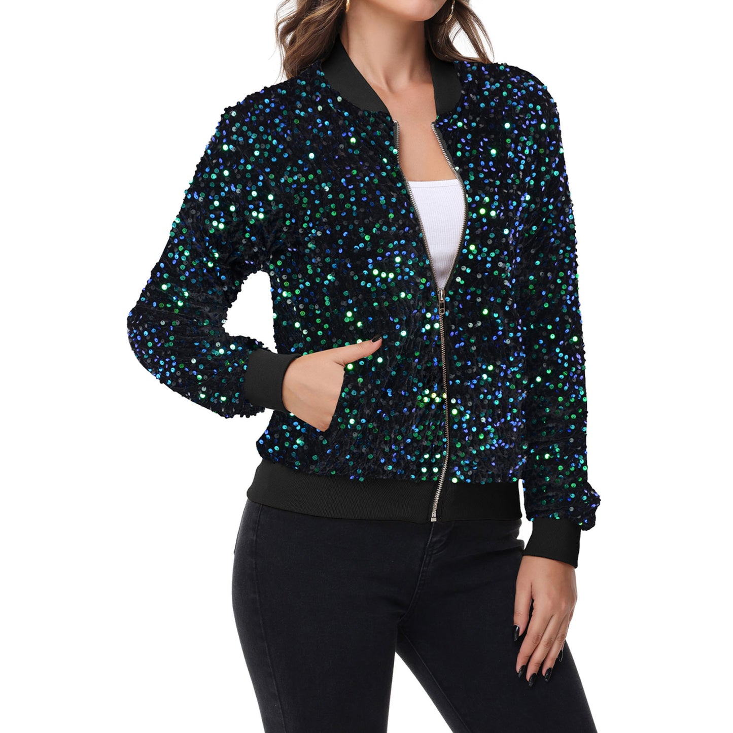 Anna-Kaci Women's Sequin Bomber Jacket Zip Front Ribbed Cuffs and Hem Pockets