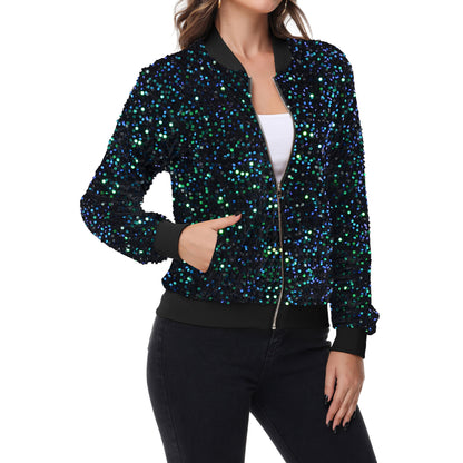 Anna-Kaci Women's Sequin Bomber Jacket Zip Front Ribbed Cuffs and Hem Pockets