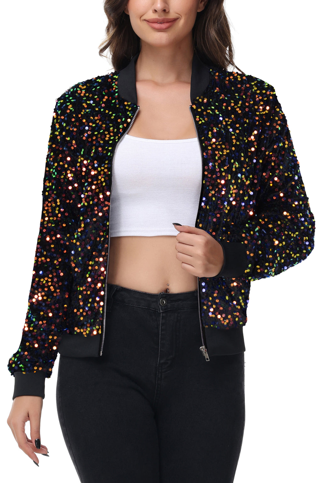 Chaqueta de mujer Anna-Kaci con lentejuelas brillantes, cremallera, manga larga, chaqueta bomber con lentejuelas brillantes y bolsillos
