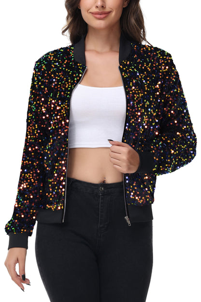 Anna-Kaci Womens Sparkly Sequin Jacket Zipper Long Sleeve Glitter Sequin Bomber Jacket with Pockets