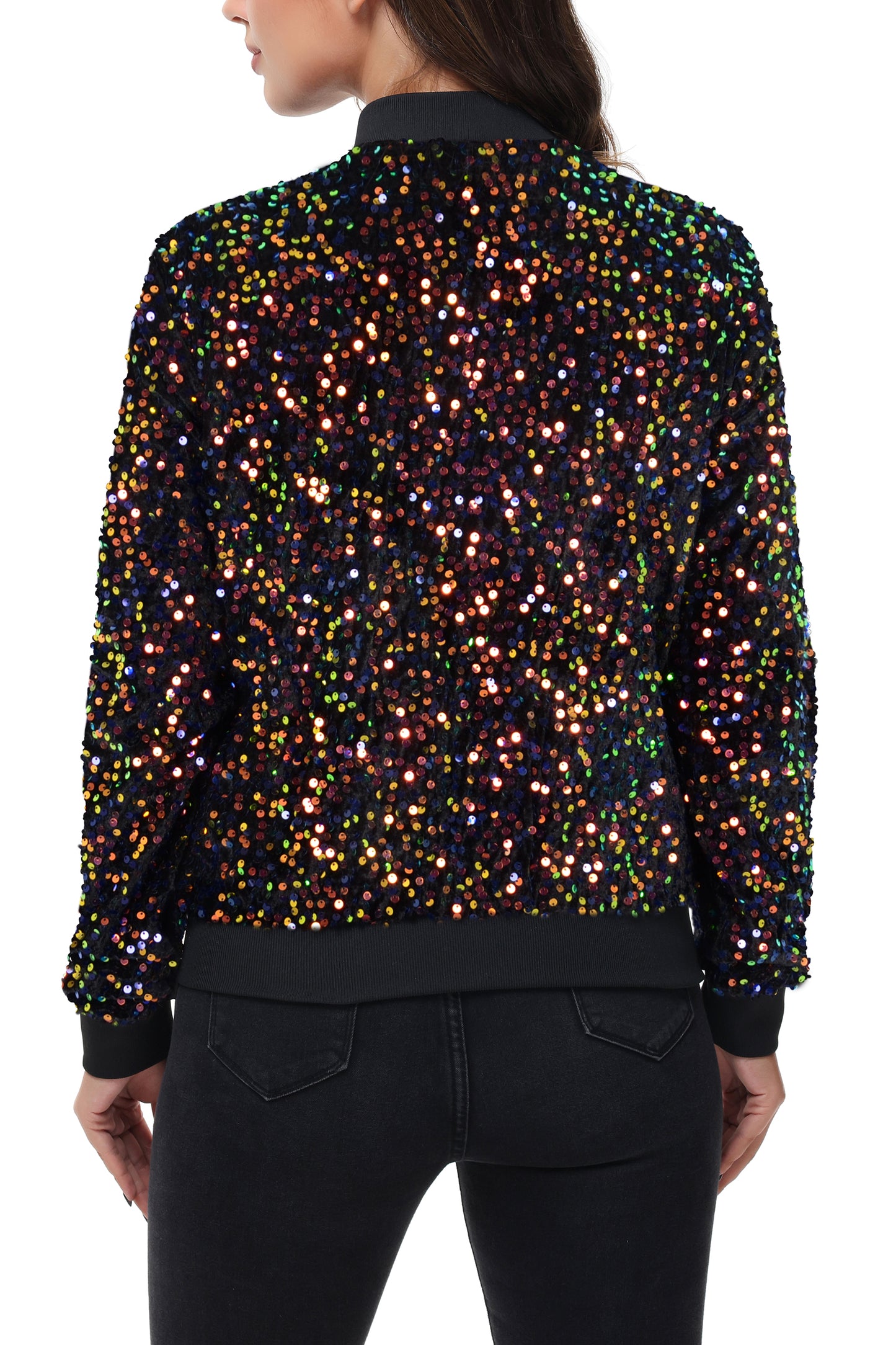 Anna-Kaci Womens Sparkly Sequin Jacket Zipper Long Sleeve Glitter Sequin Bomber Jacket with Pockets