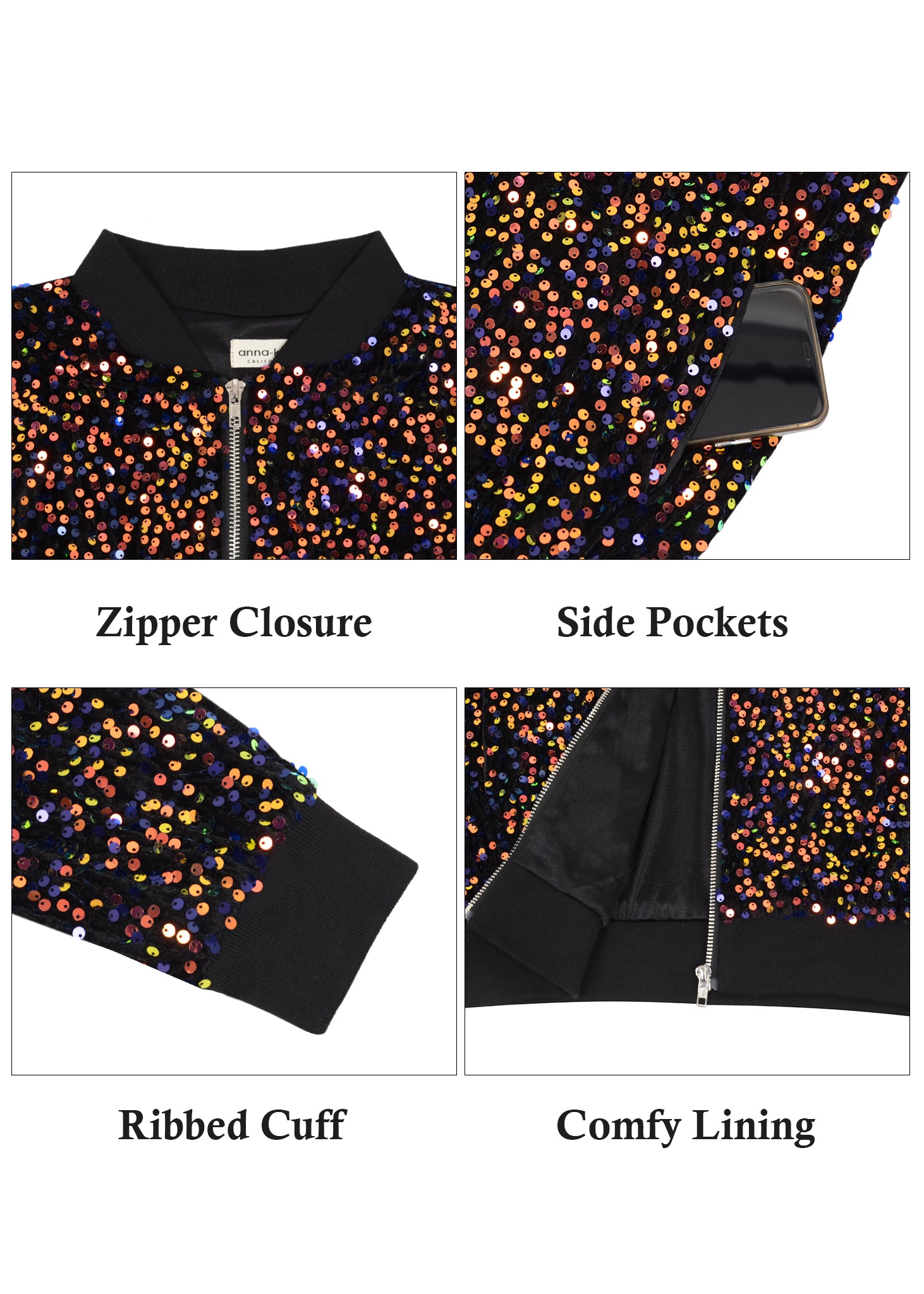 Chaqueta de mujer Anna-Kaci con lentejuelas brillantes, cremallera, manga larga, chaqueta bomber con lentejuelas brillantes y bolsillos