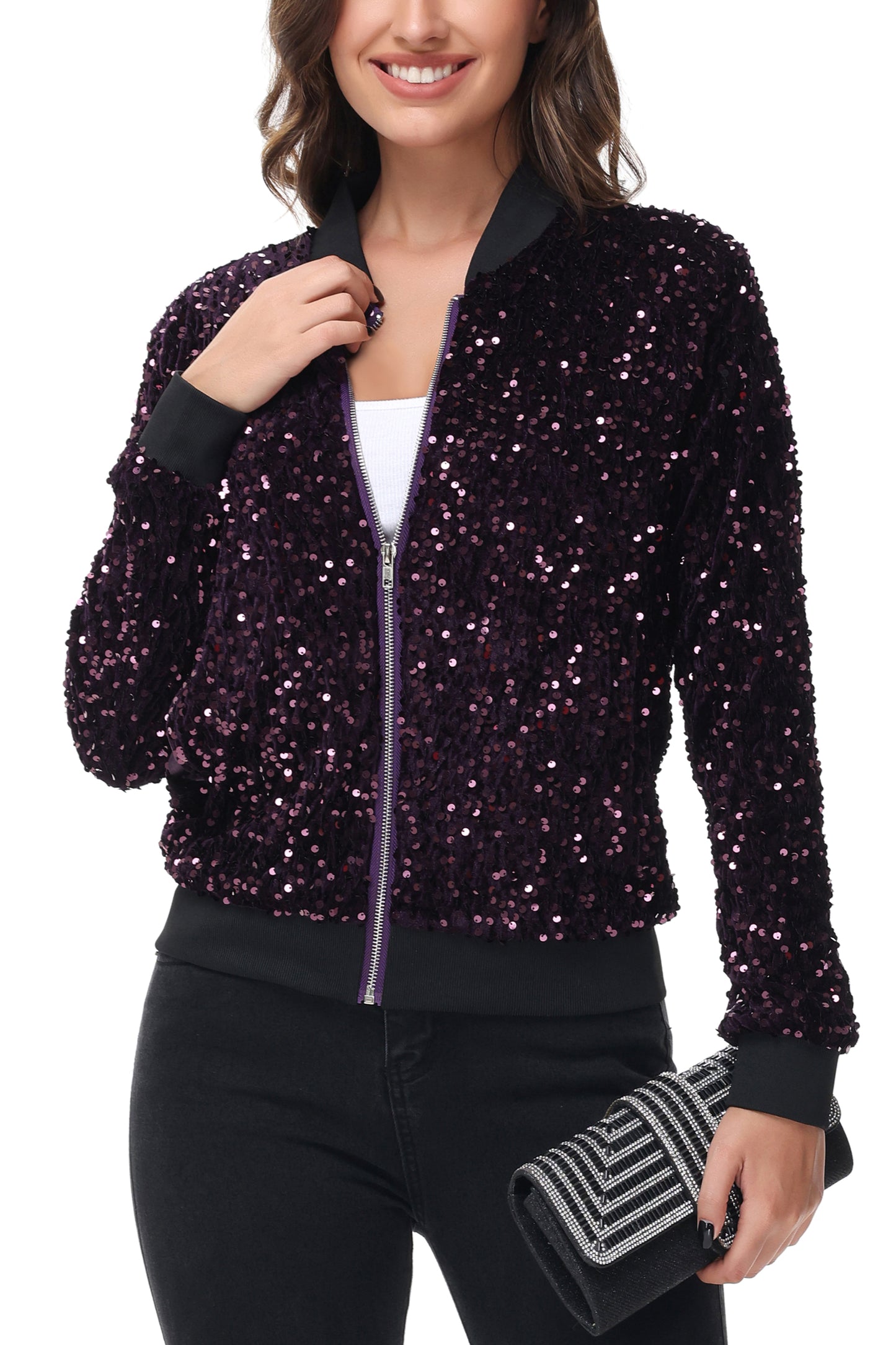 Anna-Kaci Womens Sparkly Sequin Jacket Zipper Long Sleeve Glitter Sequin Bomber Jacket with Pockets